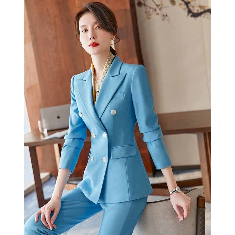 Womens New Light Blue Suits Blazer With Pants Two Piece Set Office Elegant  Work