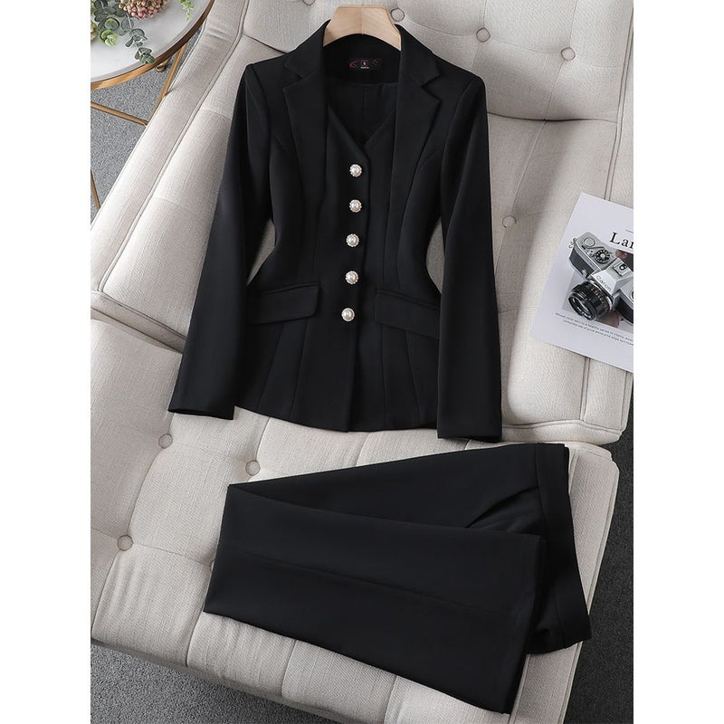 CAROLINE SUITS Women's Elegant Stylish Fashion Polka Dots Design Office  Black Blazer Jacket & Pants Suit Set