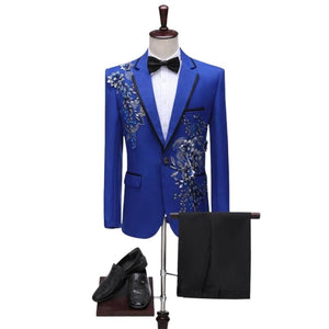 CGSUITS Men's Fashion Floral Applique Blue Blazer Suit Jacket & Pants Suit Set