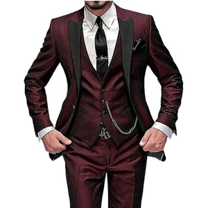 GMSUITS Men's Fashion Formal 3 Piece Tuxedo (Jacket + Pants + Vest) Burgundy Red Suit Set - Divine Inspiration Styles