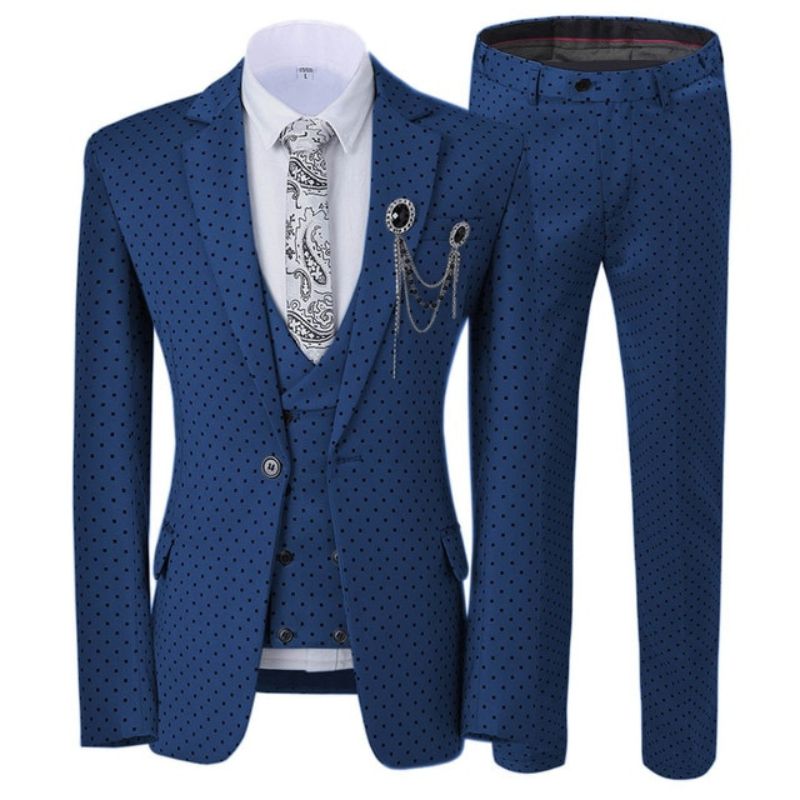 GMSUITS Men's Fashion Formal 3-Piece Suit Set Luxury Style Polka Dots Navy Blue Suit Set (Jacket + Pants + Vest) Suit Set