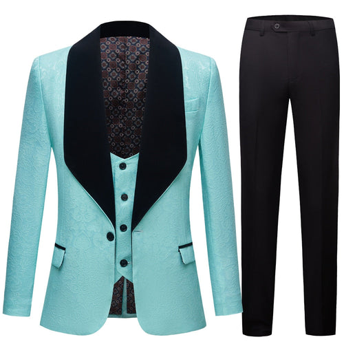 CGSUITS Men's Fashion Formal 3 Piece Aquamarine Blue & Black Tuxedo (Jacket + Vest + Pants) Suit Set - Divine Inspiration Styles