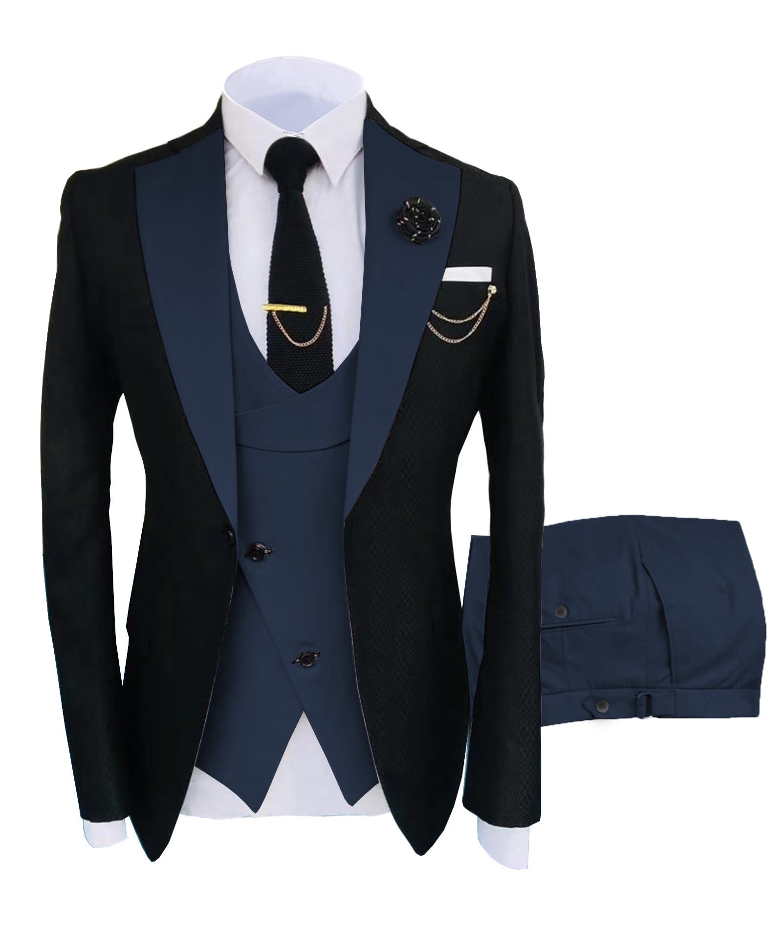 Tuxedo Three Piece Navy Textured Formal Suit - Fiesta