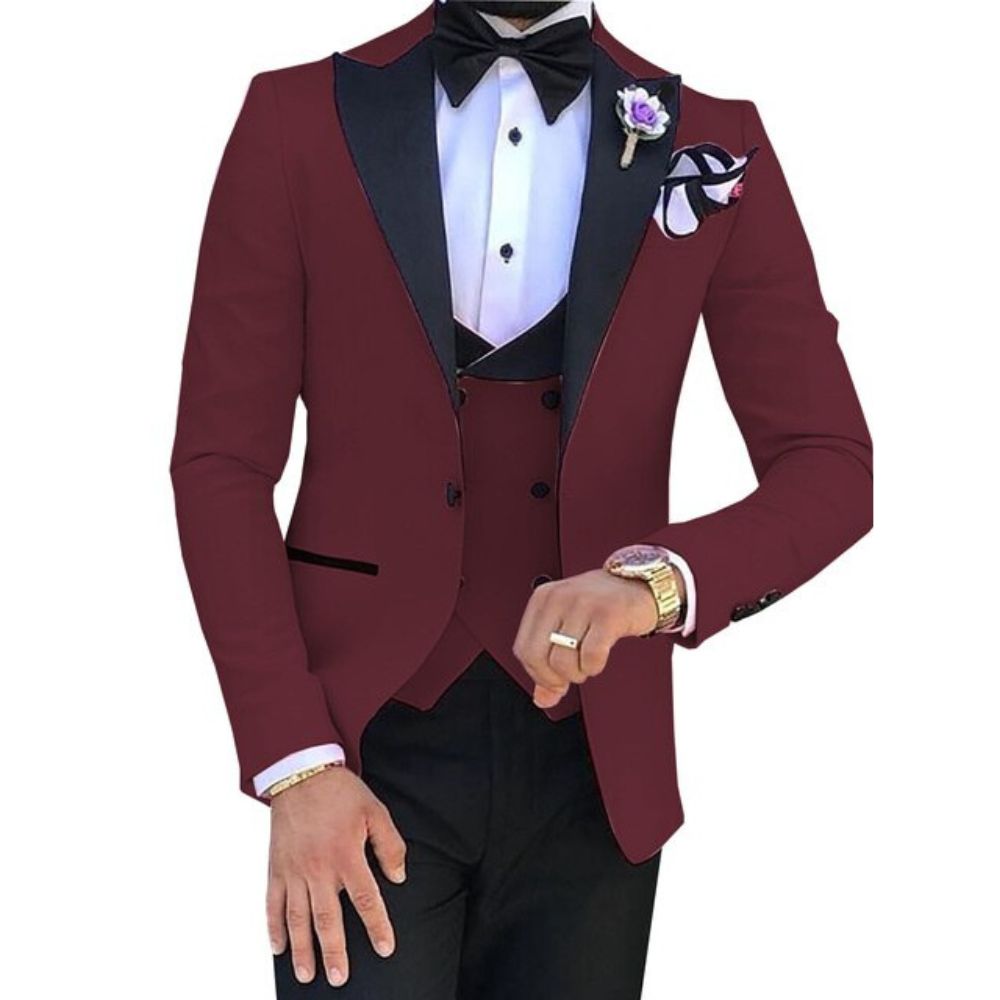HARLEY SUITS Men's Fashion Formal 3 Piece Tuxedo (Jacket + Pants + Vest) Burgundy Red Suit Set for Weddings Proms Cocktails & Special Events