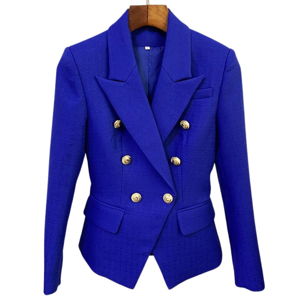 HIGHSTREET Women's Elegant Stylish Fashion Office Professional Woven Plaid Royal Blue Blazer Jacket - Divine Inspiration Styles
