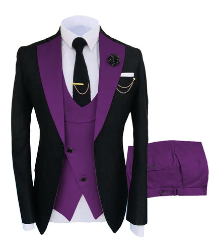 KENTON SUITS Men's Fashion Formal 3 Piece Tuxedo (Jacket + Vest + Pants) Black & Purple Suit Set