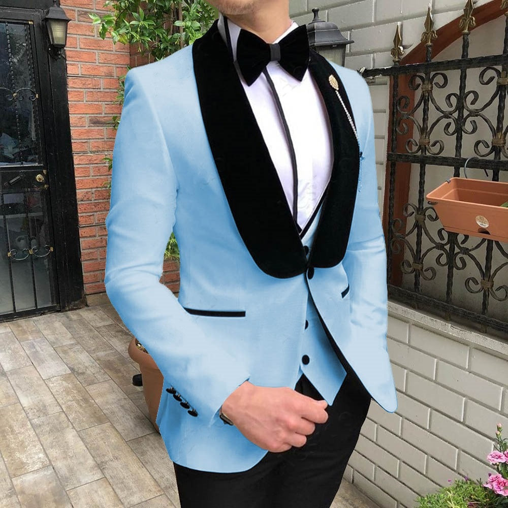 KENTON SUITS Men's Fashion Formal 3 Piece Tuxedo (Jacket + Pants + Vest) Light Blue Sky Blue Suit Set - Divine Inspiration Styles