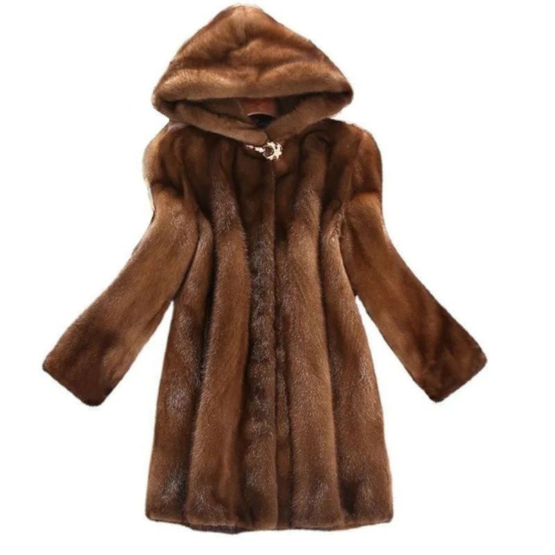 LAUTARO Women's Fine Fashion Luxury Style Long Hooded Faux Fur Brown Coat Jacket