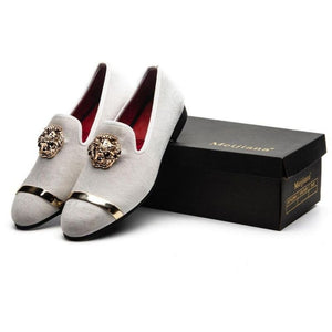 MEIJIANA Men's Genuine Velvet Leather White Loafers With Medallion & Ring Designer Shoes