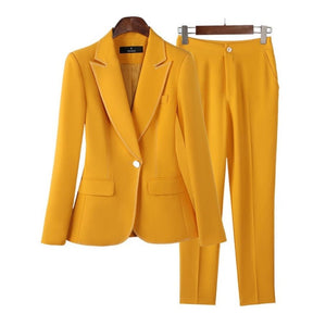 NAVIA SUITS Women's Elegant Stylish Fashion Office Blazer Jacket & Pants Yellow Suit Set