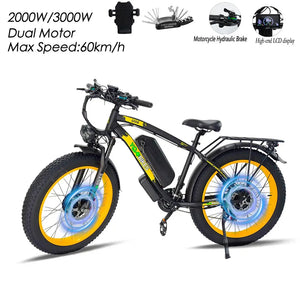 YQ Electric Bicycle Fast Speed 3000W 48V 26" Black & Yellow Smart Dual Motor EBike 35-37MPH Electric City Cruiser & Mountain Bike