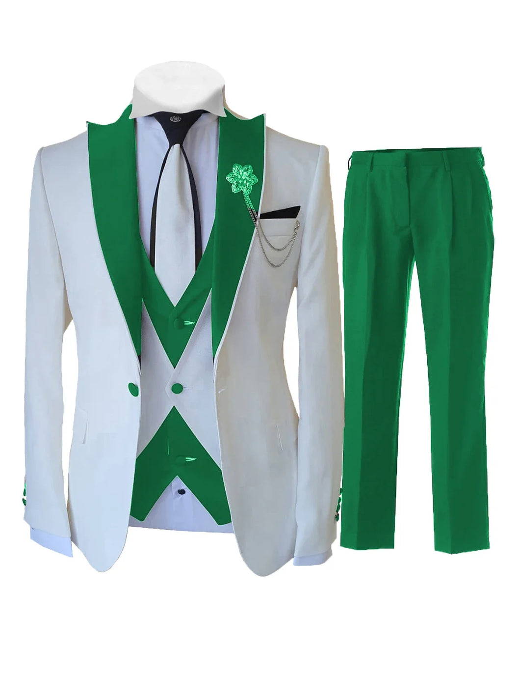 KENTON SUITS Men's Fashion Formal 3 Piece Tuxedo (Jacket + Vest + Pants) White & Green Suit Set