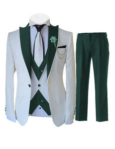 KENTON SUITS Men's Fashion Formal 3 Piece Tuxedo (Jacket + Vest + Pants) White & Green Suit Set