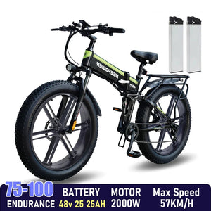 DEEPOWER Electric Bicycle 2000W PRO 48V 25AH 26" Black & Green Smart Folding Electric Mountain Bike