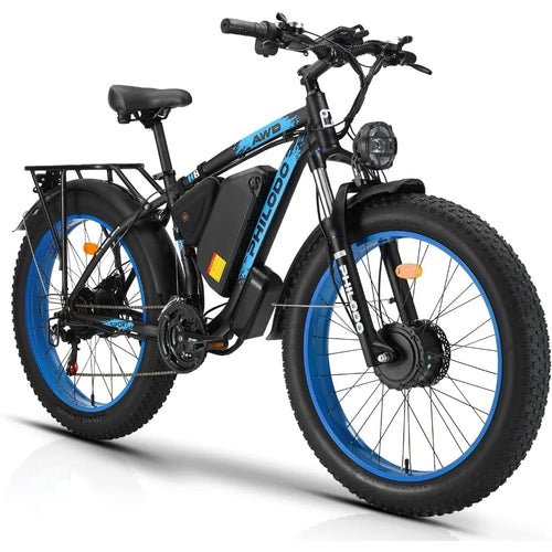 PHILODO Blue Electric Bike 48V 23AH Fat Tire Ebike Dual Motor AWD 2000W 35MPH Electric Bicycles 21-Speed with Ignition Lock Included