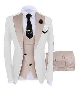 KENTON SUITS Men's Fashion Formal 3 Piece Tuxedo (Jacket + Pants + Vest) White & Blue Suit Set