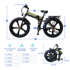 DEEPOWER Electric Bicycle 2000W PRO 48V 25AH 26" Black & Green Smart Folding Electric Mountain Bike