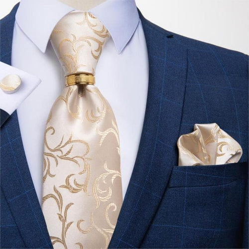 DBG VIP Design Collection Men's Fashion Ivory Champagne Multi Parsley 100% Premium Quality Silk Tie Set - Divine Inspiration Styles