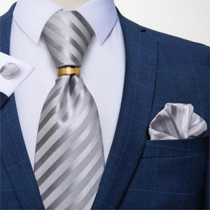 DBG VIP Design Collection Men's Fashion Silver Gray Stripes 100% Premium Quality Silk Tie Set - Divine Inspiration Styles