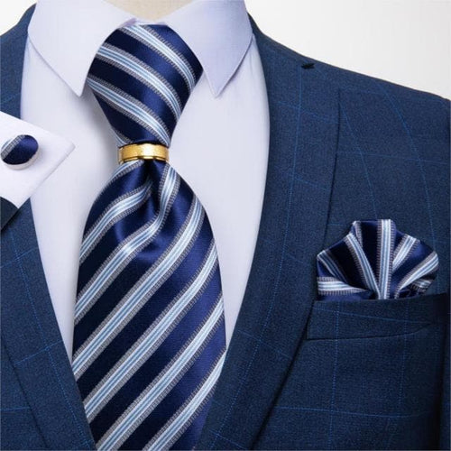 DBG VIP Design Collection Men's Fashion Navy Blue & Light Blue Stripes 100% Premium Quality Silk Tie Set - Divine Inspiration Styles