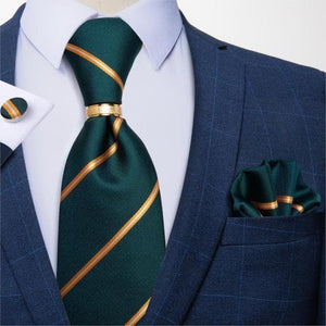 DBG VIP Design Collection Men's Fashion Deep Emerald Green & Gold Stripes 100% Premium Quality Silk Tie Set - Divine Inspiration Styles