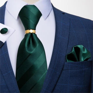 DBG VIP Design Collection Men's Fashion Deep Emerald Green & Gold Stripes 100% Premium Quality Silk Tie Set - Divine Inspiration Styles