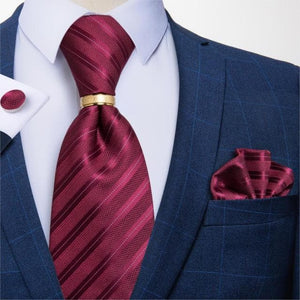 DBG VIP Design Collection Men's Fashion Burgundy Red & Silver Gray Stripes 100% Premium Quality Silk Tie Set - Divine Inspiration Styles