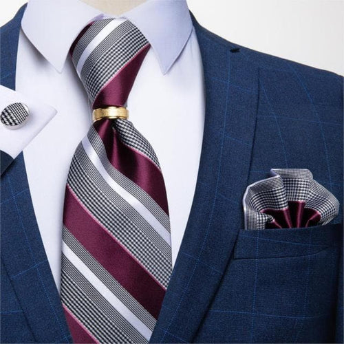 DBG VIP Design Collection Men's Fashion Burgundy Red & Silver Gray Stripes 100% Premium Quality Silk Tie Set - Divine Inspiration Styles