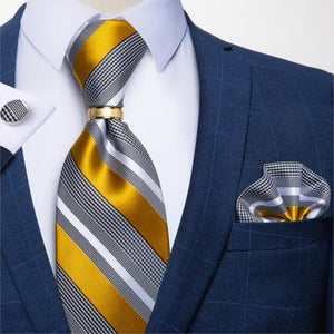 DBG VIP Design Collection Men's Fashion Golden Yellow & Silver Gray Stripes 100% Premium Quality Silk Tie Set - Divine Inspiration Styles