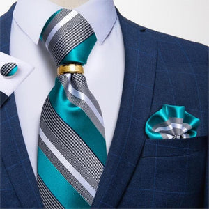 DBG VIP Design Collection Men's Fashion Deep Emerald Green & Gold Stripes 100% Premium Quality Silk Tie Set - Divine Inspiration Styles