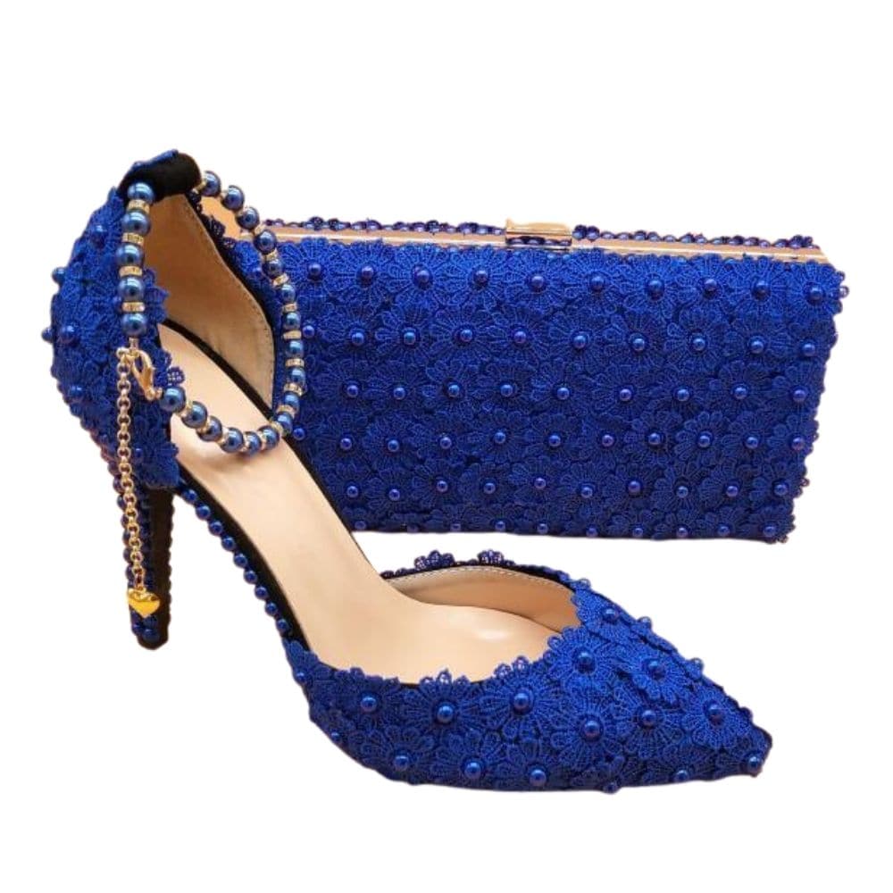 Royal Blue Wedding Heels Satin Bow Rhinestone Stiletto Heels Pumps|FSJshoes