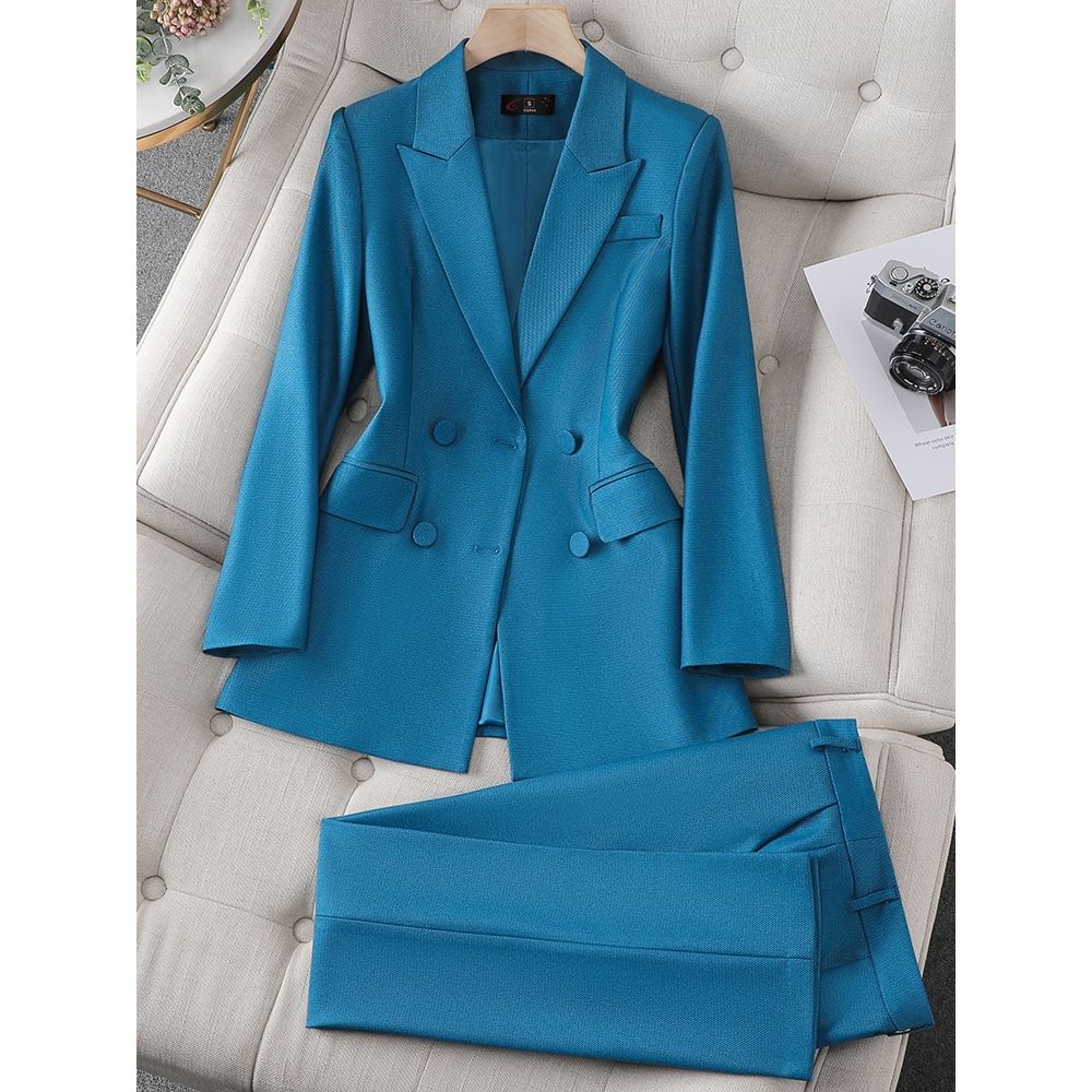 Luxury Blue Women Suit Set Blazer+Pants 2 Pieces Formal Crystal