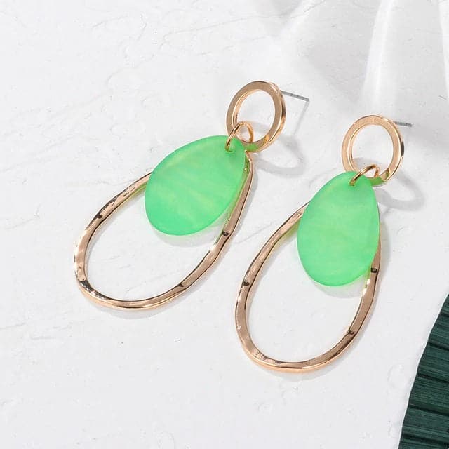 PXM Women's Fashion Stylish Statement Green Geometric Gold Tone Drop Earrings - Divine Inspiration Styles