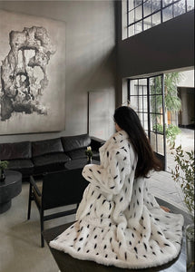 LAUTARO Women's Fine Fashion White & Black Dots Luxury Style Long Faux Fur Plush Coat Jacket - Divine Inspiration Styles