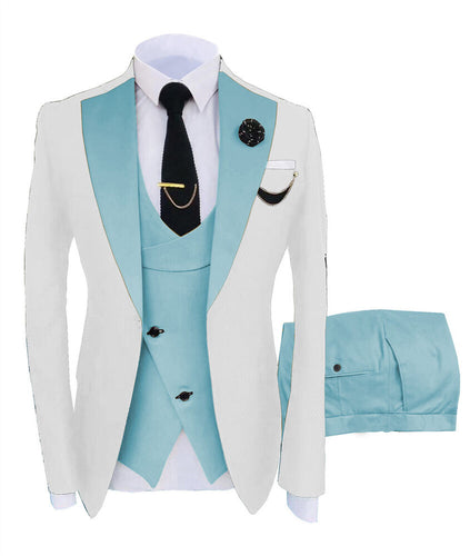 KENTON SUITS Men's Fashion Formal 3 Piece Tuxedo (Jacket + Pants + Vest) White & Light Blue Sky Blue Suit Set - Divine Inspiration Styles