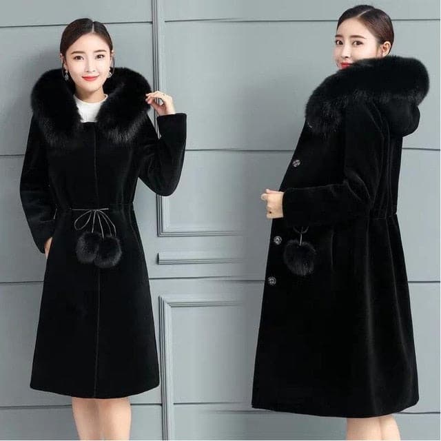 Fashion Women Middle Length Warm Coat Faux Fur Coat PU leather