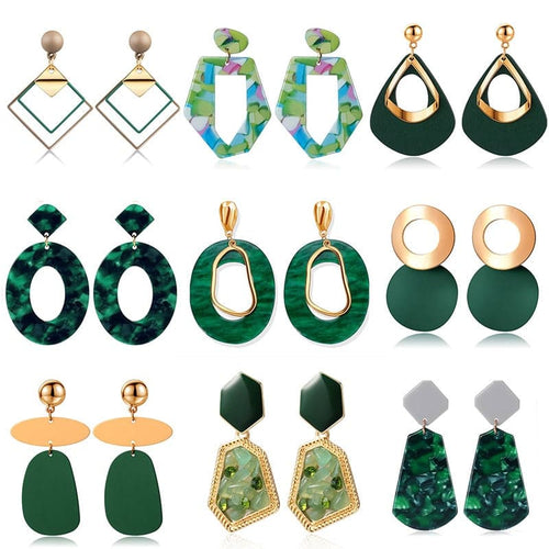 PXM Women's Fashion Stylish Statement Green Geometric Gold Tone Drop Earrings - Divine Inspiration Styles