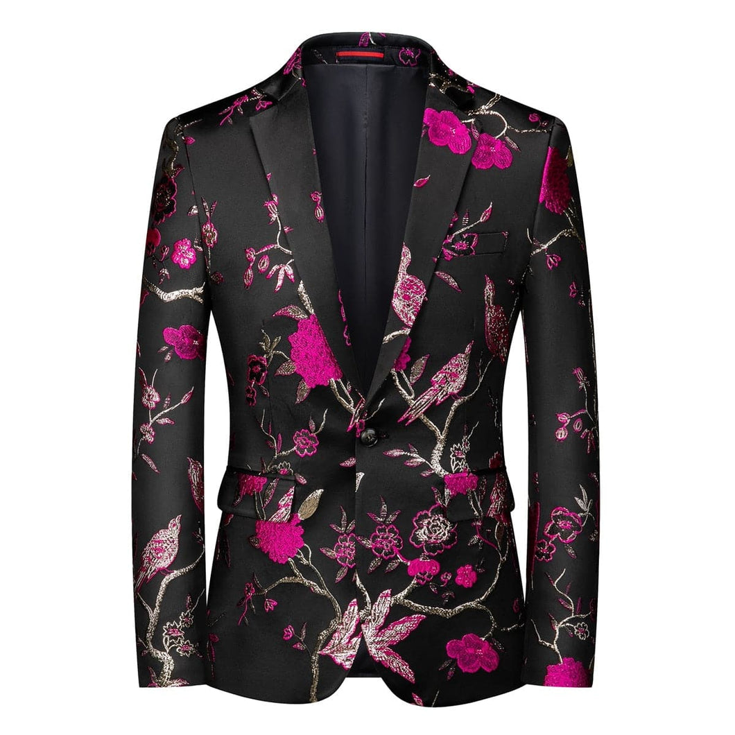 CGSUITS Men's Fashion Luxury Style Floral Embroidery Royal Blue Pink Gold Blazer Suit Jacket - Divine Inspiration Styles