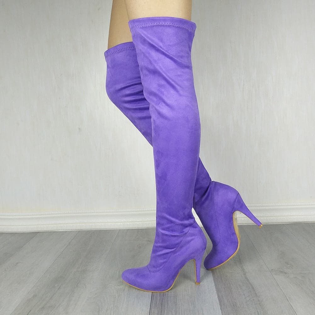 Purple suede thigh high boots deals