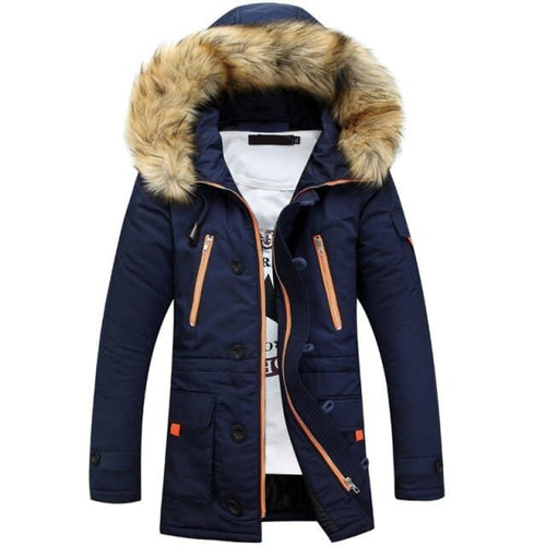 HQI Men's Sports Fashion Navy Blue Coat Jacket Fur Collar Hooded Thick Parka Winter Jacket - Divine Inspiration Styles